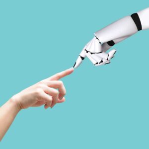 AI - human hand touching robotic hand AI - human hand touching robotic hand